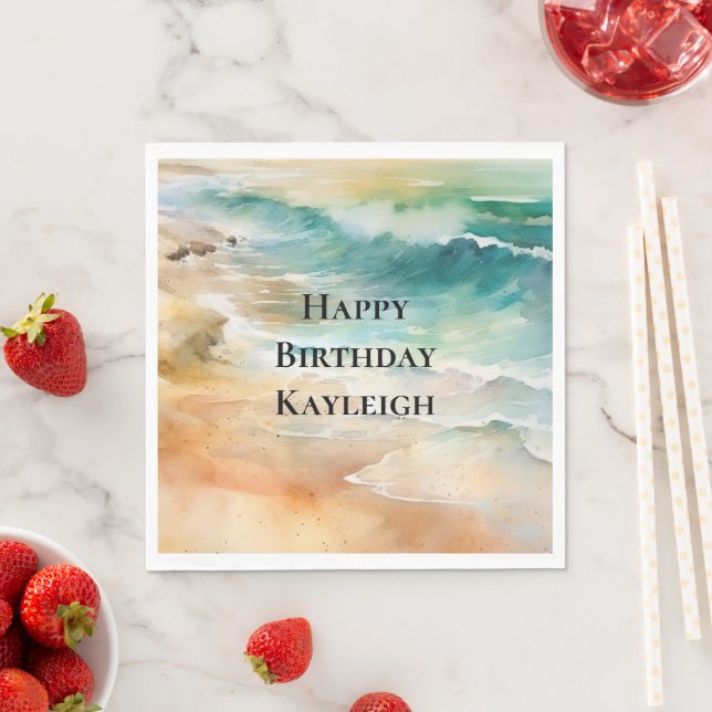 Tropical Beach Sand Turquoise Sea Birthday Napkin (Insitu)