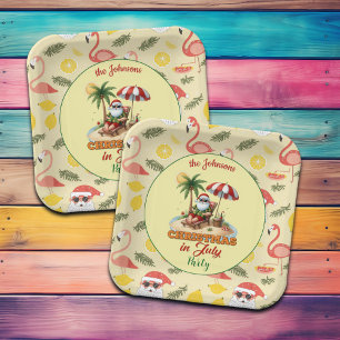 Tropical Beach & Santa Christmas in July Party Paper Plate
