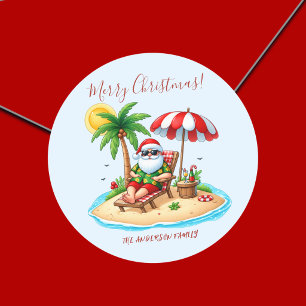 Tropical Beach & Santa Christmas Party Classic Round Sticker