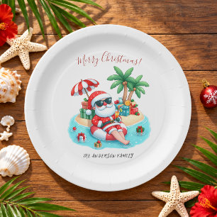 Tropical Beach Santa Christmas Party Paper Plate