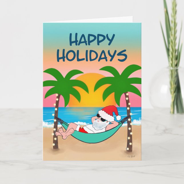 Tropical Beach Santa Hammock Palm Tree Holiday Card (Front)