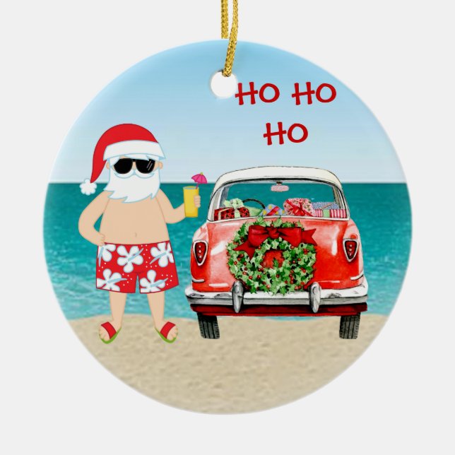 Tropical Beach Santa with Classic Car Christmas Ceramic Ornament (Front)