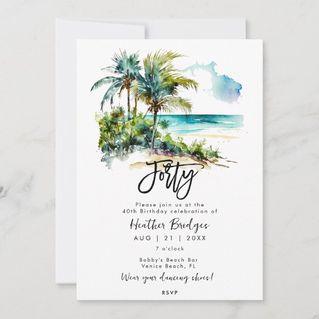 Tropical beach scene 40th birthday party invitation (Front)