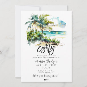 Tropical beach scene 80th birthday party invitation