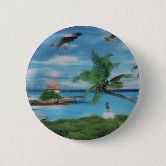 Tropical Beach Scene Art Print 2 Inch Round Button (Front)