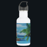 Tropical Beach Scene Art Print 532 Ml Water Bottle<br><div class="desc">Tropical Beach Scene Art Print Escape to paradise with our Tropical Beach Scene Art Print. This idyllic coastal artwork beautifully captures the essence of a tropical beach, featuring swaying palm trees, a charming thatched hut, and a scenic jetty. A woman in a flowing white dress strolls along the shore, surrounded...</div>