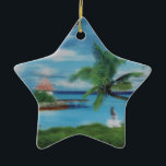 Tropical Beach Scene Art Print Ceramic Ornament<br><div class="desc">Tropical Beach Scene Art Print Escape to paradise with our Tropical Beach Scene Art Print. This idyllic coastal artwork beautifully captures the essence of a tropical beach, featuring swaying palm trees, a charming thatched hut, and a scenic jetty. A woman in a flowing white dress strolls along the shore, surrounded...</div>
