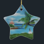 Tropical Beach Scene Art Print Ceramic Ornament<br><div class="desc">Tropical Beach Scene Art Print Escape to paradise with our Tropical Beach Scene Art Print. This idyllic coastal artwork beautifully captures the essence of a tropical beach, featuring swaying palm trees, a charming thatched hut, and a scenic jetty. A woman in a flowing white dress strolls along the shore, surrounded...</div>