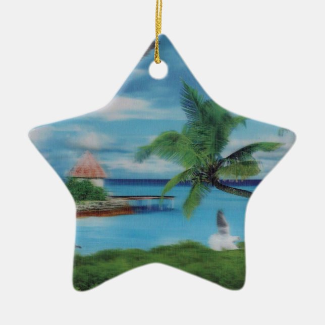 Tropical Beach Scene Art Print Ceramic Ornament (Front)