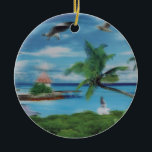 Tropical Beach Scene Art Print Ceramic Ornament<br><div class="desc">Tropical Beach Scene Art Print Escape to paradise with our Tropical Beach Scene Art Print. This idyllic coastal artwork beautifully captures the essence of a tropical beach, featuring swaying palm trees, a charming thatched hut, and a scenic jetty. A woman in a flowing white dress strolls along the shore, surrounded...</div>