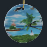 Tropical Beach Scene Art Print Ceramic Ornament<br><div class="desc">Tropical Beach Scene Art Print Escape to paradise with our Tropical Beach Scene Art Print. This idyllic coastal artwork beautifully captures the essence of a tropical beach, featuring swaying palm trees, a charming thatched hut, and a scenic jetty. A woman in a flowing white dress strolls along the shore, surrounded...</div>