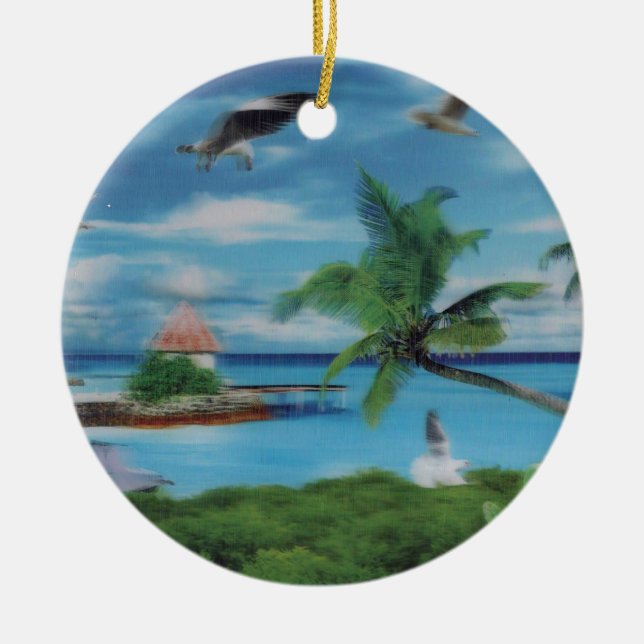 Tropical Beach Scene Art Print Ceramic Ornament (Front)
