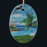 Tropical Beach Scene Art Print Ceramic Ornament<br><div class="desc">Tropical Beach Scene Art Print Escape to paradise with our Tropical Beach Scene Art Print. This idyllic coastal artwork beautifully captures the essence of a tropical beach, featuring swaying palm trees, a charming thatched hut, and a scenic jetty. A woman in a flowing white dress strolls along the shore, surrounded...</div>