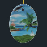 Tropical Beach Scene Art Print Ceramic Ornament<br><div class="desc">Tropical Beach Scene Art Print Escape to paradise with our Tropical Beach Scene Art Print. This idyllic coastal artwork beautifully captures the essence of a tropical beach, featuring swaying palm trees, a charming thatched hut, and a scenic jetty. A woman in a flowing white dress strolls along the shore, surrounded...</div>