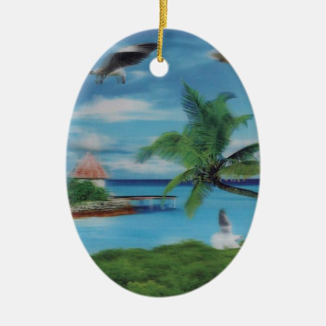 Tropical Beach Scene Art Print Ceramic Ornament (Front)