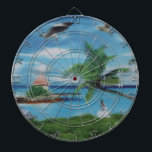 Tropical Beach Scene Art Print Dartboard<br><div class="desc">Tropical Beach Scene Art Print Escape to paradise with our Tropical Beach Scene Art Print. This idyllic coastal artwork beautifully captures the essence of a tropical beach, featuring swaying palm trees, a charming thatched hut, and a scenic jetty. A woman in a flowing white dress strolls along the shore, surrounded...</div>