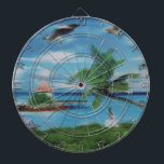 Tropical Beach Scene Art Print Dartboard<br><div class="desc">Tropical Beach Scene Art Print Escape to paradise with our Tropical Beach Scene Art Print. This idyllic coastal artwork beautifully captures the essence of a tropical beach, featuring swaying palm trees, a charming thatched hut, and a scenic jetty. A woman in a flowing white dress strolls along the shore, surrounded...</div>