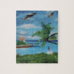 Tropical Beach Scene Art Print Jigsaw Puzzle<br><div class="desc">Tropical Beach Scene Art Print Escape to paradise with our Tropical Beach Scene Art Print. This idyllic coastal artwork beautifully captures the essence of a tropical beach, featuring swaying palm trees, a charming thatched hut, and a scenic jetty. A woman in a flowing white dress strolls along the shore, surrounded...</div>