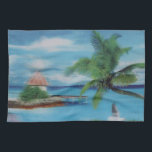 Tropical Beach Scene Art Print Kitchen Towel<br><div class="desc">Tropical Beach Scene Art Print Escape to paradise with our Tropical Beach Scene Art Print. This idyllic coastal artwork beautifully captures the essence of a tropical beach, featuring swaying palm trees, a charming thatched hut, and a scenic jetty. A woman in a flowing white dress strolls along the shore, surrounded...</div>