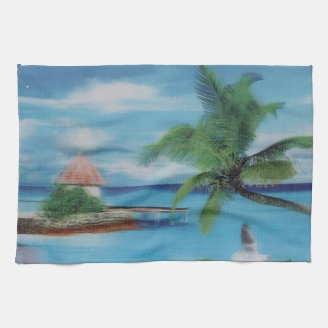 Tropical Beach Scene Art Print Kitchen Towel (Horizontal)
