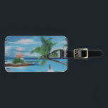 Tropical Beach Scene Art Print Luggage Tag<br><div class="desc">Tropical Beach Scene Art Print Escape to paradise with our Tropical Beach Scene Art Print. This idyllic coastal artwork beautifully captures the essence of a tropical beach, featuring swaying palm trees, a charming thatched hut, and a scenic jetty. A woman in a flowing white dress strolls along the shore, surrounded...</div>