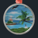 Tropical Beach Scene Art Print Metal Ornament<br><div class="desc">Tropical Beach Scene Art Print Escape to paradise with our Tropical Beach Scene Art Print. This idyllic coastal artwork beautifully captures the essence of a tropical beach, featuring swaying palm trees, a charming thatched hut, and a scenic jetty. A woman in a flowing white dress strolls along the shore, surrounded...</div>