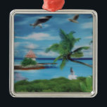 Tropical Beach Scene Art Print Metal Ornament<br><div class="desc">Tropical Beach Scene Art Print Escape to paradise with our Tropical Beach Scene Art Print. This idyllic coastal artwork beautifully captures the essence of a tropical beach, featuring swaying palm trees, a charming thatched hut, and a scenic jetty. A woman in a flowing white dress strolls along the shore, surrounded...</div>