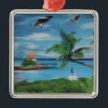 Tropical Beach Scene Art Print Metal Ornament<br><div class="desc">Tropical Beach Scene Art Print Escape to paradise with our Tropical Beach Scene Art Print. This idyllic coastal artwork beautifully captures the essence of a tropical beach, featuring swaying palm trees, a charming thatched hut, and a scenic jetty. A woman in a flowing white dress strolls along the shore, surrounded...</div>
