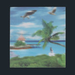Tropical Beach Scene Art Print Notepad<br><div class="desc">Tropical Beach Scene Art Print Escape to paradise with our Tropical Beach Scene Art Print. This idyllic coastal artwork beautifully captures the essence of a tropical beach, featuring swaying palm trees, a charming thatched hut, and a scenic jetty. A woman in a flowing white dress strolls along the shore, surrounded...</div>