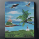 Tropical Beach Scene Art Print Plaque<br><div class="desc">Tropical Beach Scene Art Print Escape to paradise with our Tropical Beach Scene Art Print. This idyllic coastal artwork beautifully captures the essence of a tropical beach, featuring swaying palm trees, a charming thatched hut, and a scenic jetty. A woman in a flowing white dress strolls along the shore, surrounded...</div>