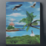 Tropical Beach Scene Art Print Plaque<br><div class="desc">Tropical Beach Scene Art Print Escape to paradise with our Tropical Beach Scene Art Print. This idyllic coastal artwork beautifully captures the essence of a tropical beach, featuring swaying palm trees, a charming thatched hut, and a scenic jetty. A woman in a flowing white dress strolls along the shore, surrounded...</div>