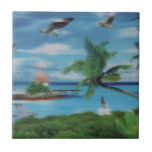 Tropical Beach Scene Art Print Tile<br><div class="desc">Tropical Beach Scene Art Print Escape to paradise with our Tropical Beach Scene Art Print. This idyllic coastal artwork beautifully captures the essence of a tropical beach, featuring swaying palm trees, a charming thatched hut, and a scenic jetty. A woman in a flowing white dress strolls along the shore, surrounded...</div>