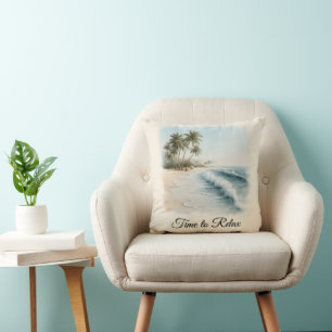 Tropical Beach Scene in a Watercolor Style Throw Pillow