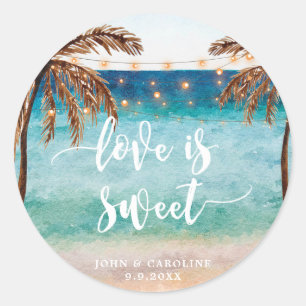 tropical beach scene love is sweet favours sticker