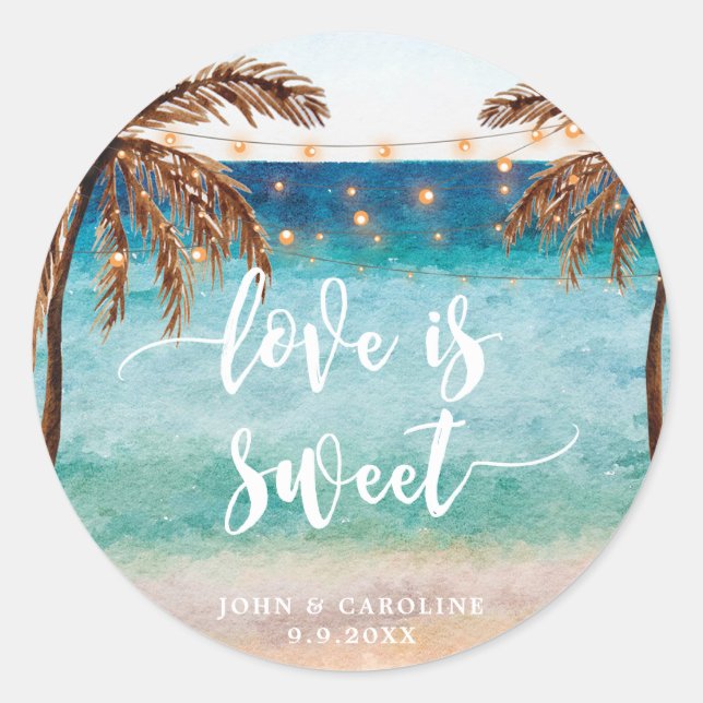tropical beach scene love is sweet favours sticker (Front)