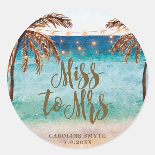 tropical beach scene miss to mrs favours sticker (Front)