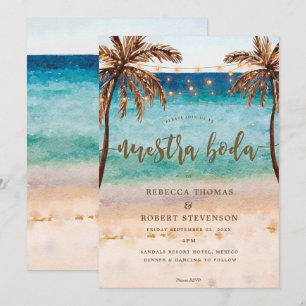 tropical beach scene nuestra boda invitation