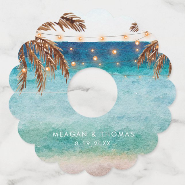 tropical beach scene palm trees wine glass tag (Front)