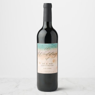 tropical beach scene wedding party bottle wine label