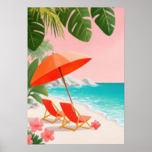 Tropical beach scene with lounge chairs poster