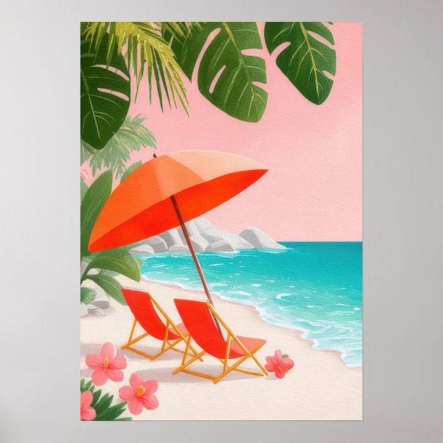 Tropical beach scene with lounge chairs  poster (Front)