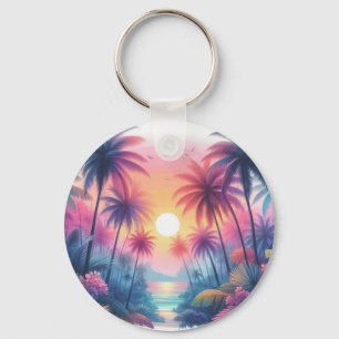 Tropical Beach Scene With Pink Sunset Keychain