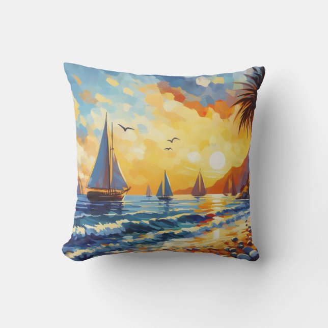 Tropical Beach Scene With Sailboats Throw Pillow (Front)
