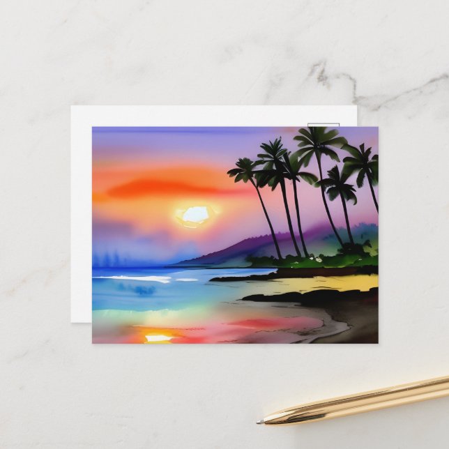 Tropical Beach Scenic Watercolor  Postcard (Front/Back In Situ)