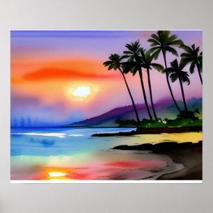 Tropical Beach Scenic Watercolor   Poster