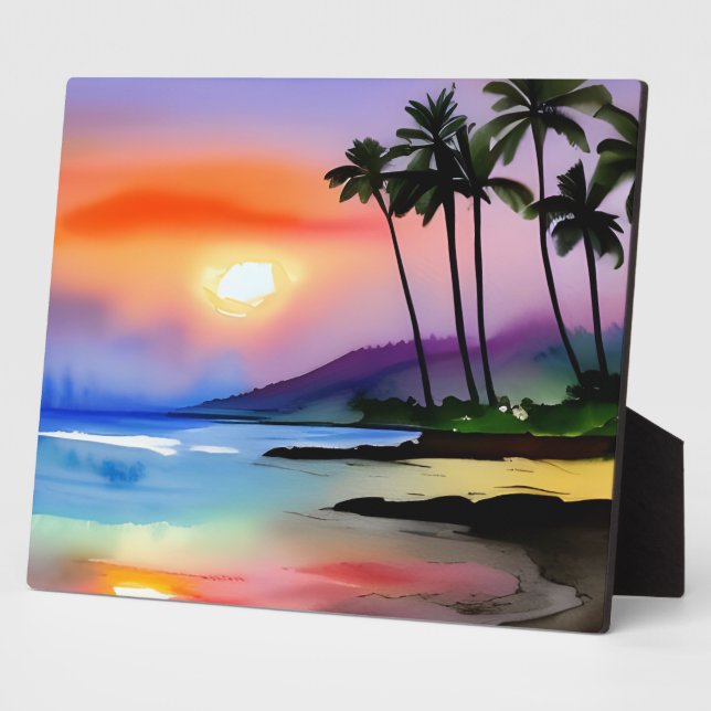 Tropical Beach Scenic Watercolor Tabletop Plaque (Side)