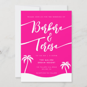 Tropical Beach Script Hot Pink Lesbian Wedding Invitation