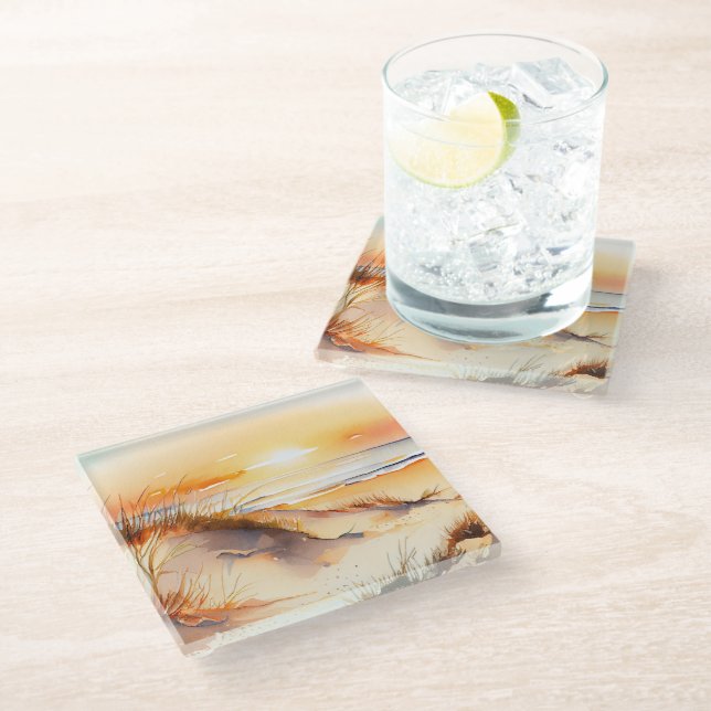 Tropical Beach Sea Sand Ocean Coast Sunset Glass Coaster (Angled)
