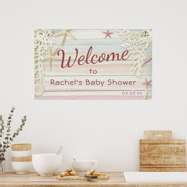 Tropical Beach Seashell Modern Boho Baby Shower Poster (Kitchen)