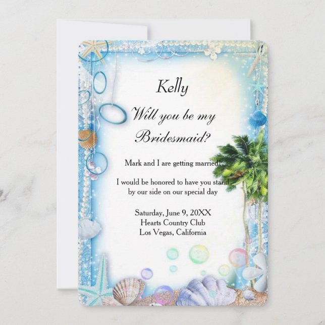 Tropical Beach Seashell Wedding Bridesmaids Card (Front)